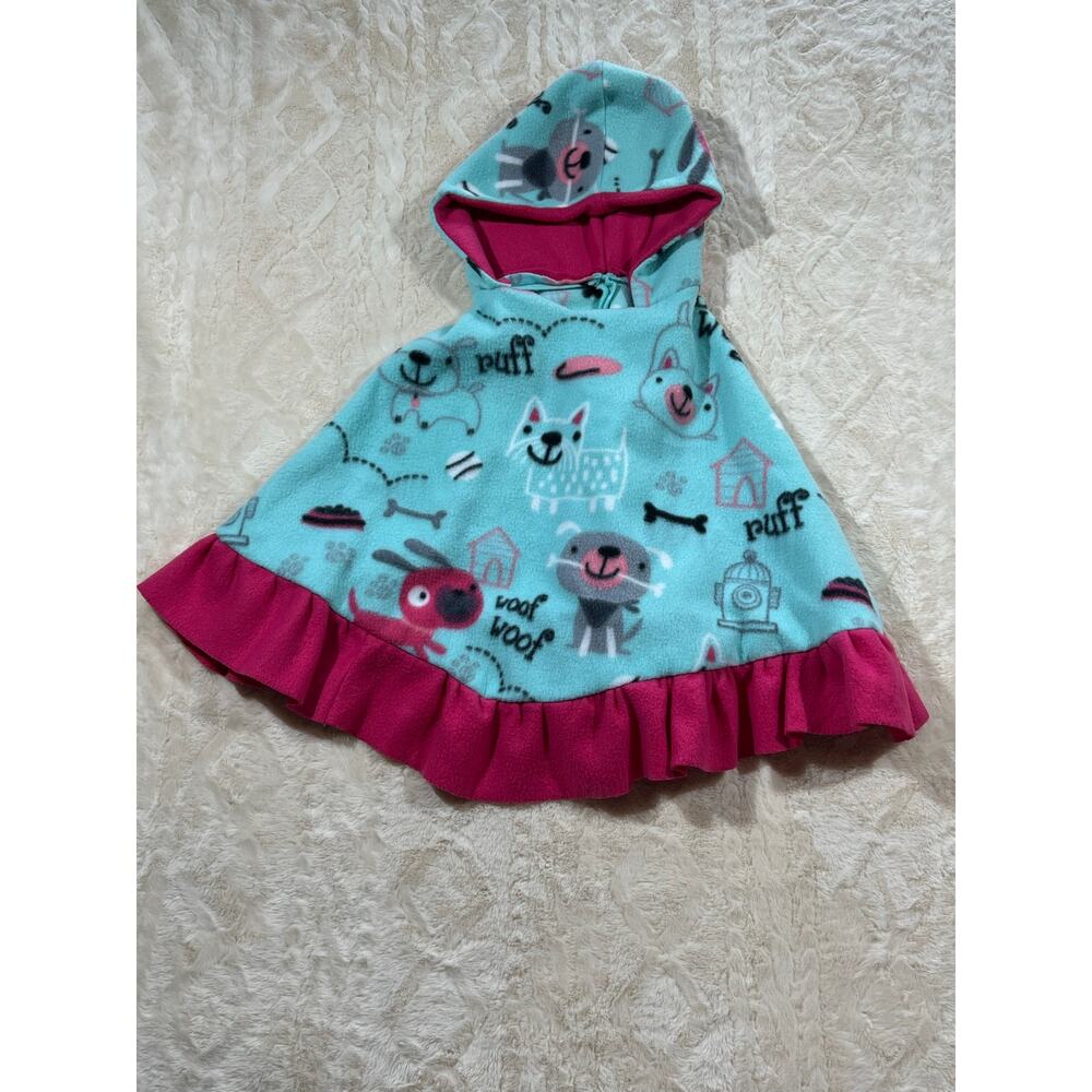 Toddler Fleece Car Seat Poncho Girls 2T 3T Hooded Dog Print Pink Blue EUC